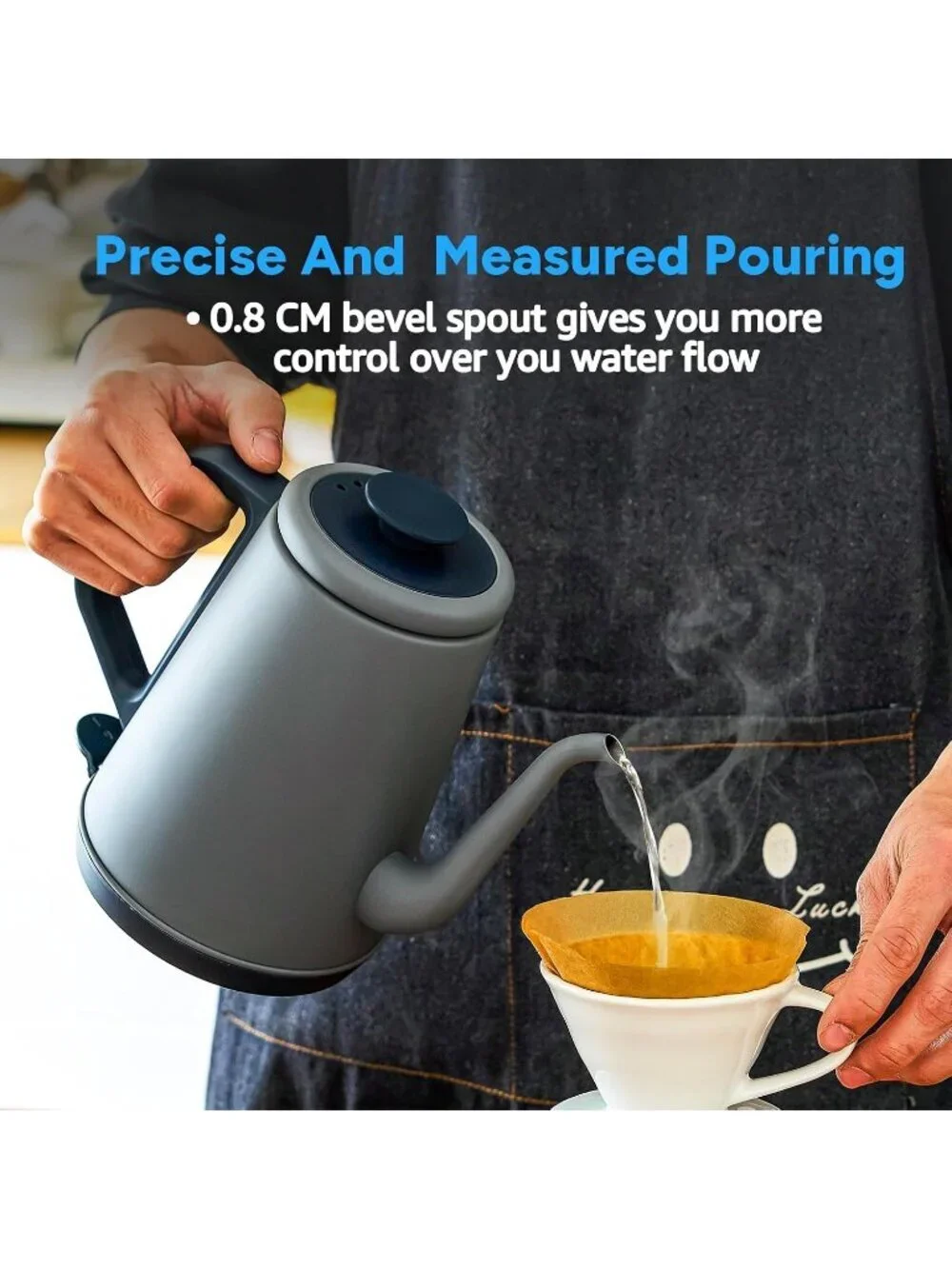 1.0L Grey Gooseneck Electric Kitchen Kettles Stainless Steel BPA Free Pour Over